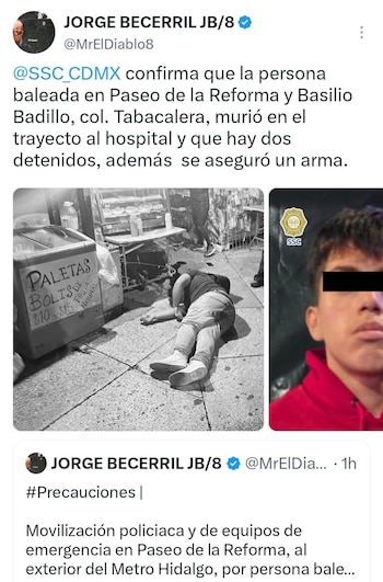 Captura de pantalla de publicaciones en redes sociales con fotos de una persona en la acera y del rostro censurado de un detenido