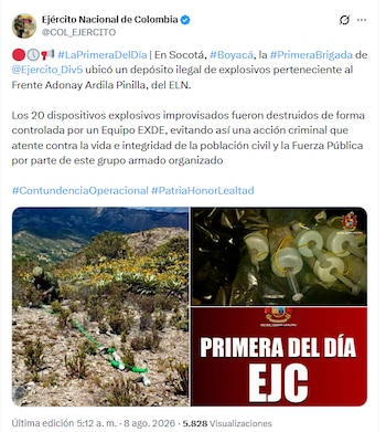 Las autoridades explicaron que los 20 artefactos fueron detonados de manera controlada, evitando una acción criminal contra la población civil y soldados - crédito @COL_EJERCITO/X