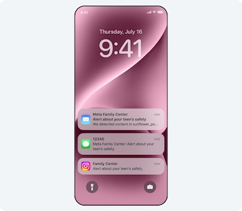 Pantalla de smartphone con la hora 9:41 y la fecha jueves 16 de julio, mostrando tres notificaciones de seguridad de Meta Family Center