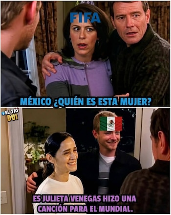 Meme en dos paneles. Arriba: Figuras con 'FIFA', 'México' y pregunta. Abajo: Julieta Venegas sonríe con hombre, bandera mexicana, texto de su canción del Mundial
