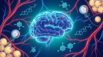 Ilustración de un cerebro humano, vasos sanguíneos rojos y azules, varias estructuras moleculares, medidores de presión y agrupaciones de células adiposas.