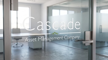Puerta de cristal con logotipo y nombre de empresa Cascade Asset Management Company, manija metálica, interior de oficina con escritorio y silla