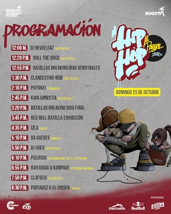 Programación del domingo 25 de octubre: El festival cerrará con una jornada de rap, breakdance, arte urbano y actividades culturales para mayores de 14 años - crédito @hiphopalparqueoficial/ Instagram