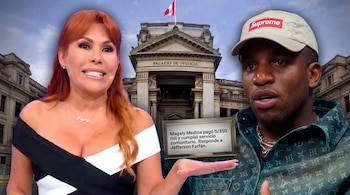 Fotomontaje de Magaly Medina y Jefferson Farfán frente al Palacio de Justicia de Lima con un recuadro de texto informativo sobre un fallo judicial.
