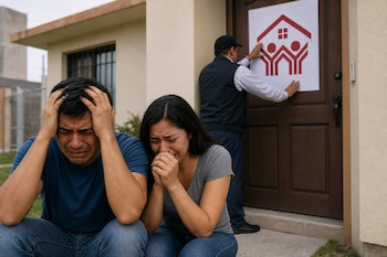 Un hombre y una mujer lloran sentados en la entrada de una casa mientras un trabajador pega un cartel con el logo de una vivienda en la puerta.