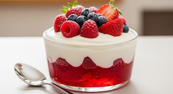 Un postre en copa de cristal con capas de gelatina roja, crema blanca, frambuesas, arándanos y fresas encima. Una cuchara plateada está a su lado.