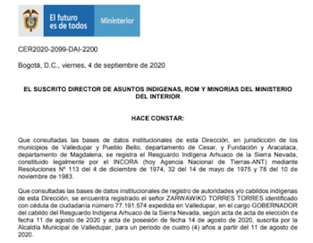Documento inicial del Ministerio de