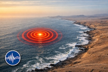 Vista aérea de la costa peruana al atardecer con el mar Pacífico y una franja de tierra árida, un símbolo de epicentro rojo en el agua y el logo del IGP.
