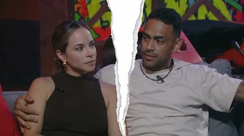 La imagen muestra a Diego Chávarri y Thalía Bentín, con la foto dividida por un efecto de papel roto en el centro, sugiriendo una separación.