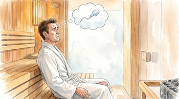 Ilustración en acuarela de un hombre con expresión preocupada sentado en las bancas de madera de un sauna, con una burbuja de pensamiento que muestra un espermatozoide.