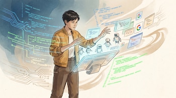 Ilustración en tinta y acuarela de un ingeniero joven manejando una consola flotante. Pequeños robots, pantallas con código y logos de Google lo rodean.