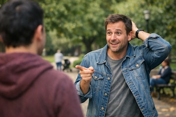Dos hombres conversan en un parque, uno con chaqueta de jean señala al otro de espalda con buzo, con más gente y árboles al fondo.