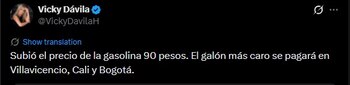 Vicky Dávila sobre el alza a los precios del combustible - crédito captura de pantalla / X
