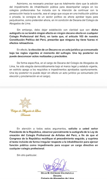Carta de Delia Espinoza al presidente interino José María Balcázar.