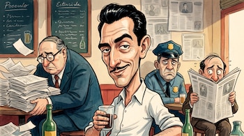Caricatura de Roque Dalton sonriendo, camisa blanca y vaso. En una cantina, un burócrata, un policía y un burgués asustado leyendo periódico.