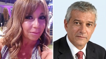 Fotografía dividida con el primer plano de una mujer de cabello castaño claro a la izquierda y un hombre de traje oscuro y corbata a la derecha.