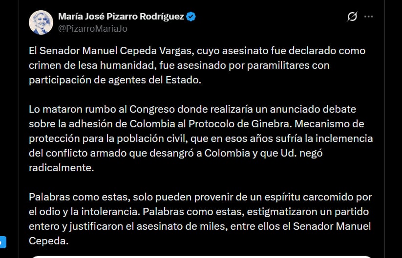 Para María José Pizarro, palabras como las del expresidente Álvaro Uribe solo “provienen de un espíritu carcomido por el odio y la intolerancia” - crédito @PizarroMariaJo/X