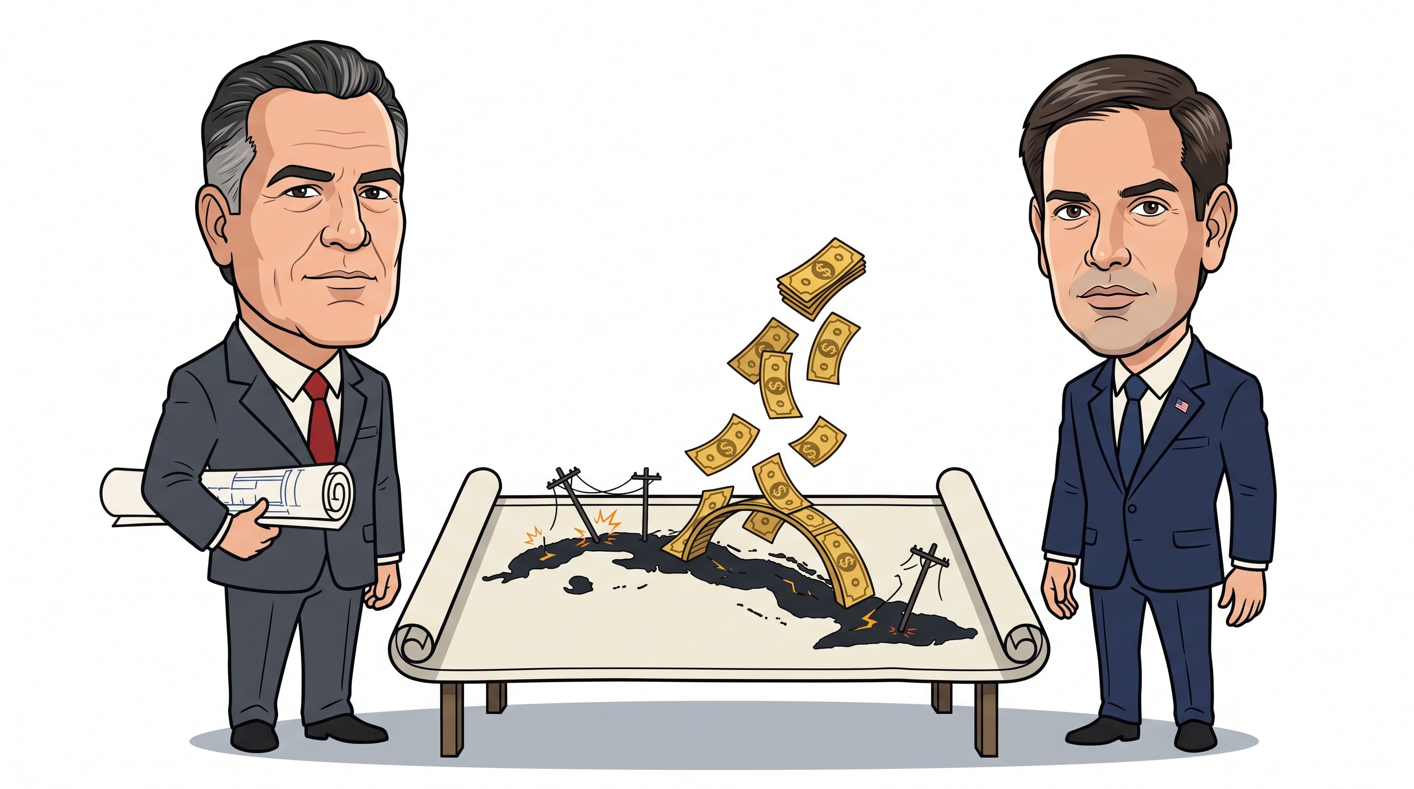 Una caricatura del Secretario de Estado Marco Rubio y un empresario cubano ilustra el flujo de dinero que conecta a Miami con la infraestructura eléctrica de Cuba. (Imagen Ilustrativa Infobae)