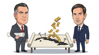 Ilustración de dos hombres de traje junto a un mapa de Cuba sobre una mesa, con postes de luz caídos y fajos de billetes que caen sobre la isla.