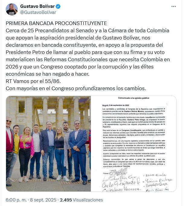 El precandidato sumó apoyos a su aspiración presidencial - crédito @GustavoBolivar/x
