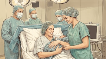 Ilustración de una mujer acostada en una cama de hospital, sosteniendo un bebé envuelto, rodeada por dos doctoras y dos doctores con batas y gorros quirúrgicos.
