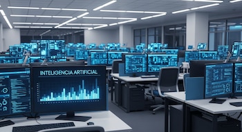 Oficina moderna y vacía con filas de monitores encendidos mostrando gráficos de barras y la frase "Inteligencia Artificial" en pantallas luminosas.