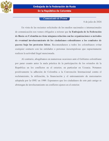 La embajada rusa recomendó a los colombianos evitar contactos con personas o entidades que ofrezcan participar en los combates en Ucrania bajo pretextos falsos - crédito @RusiaColombia/X