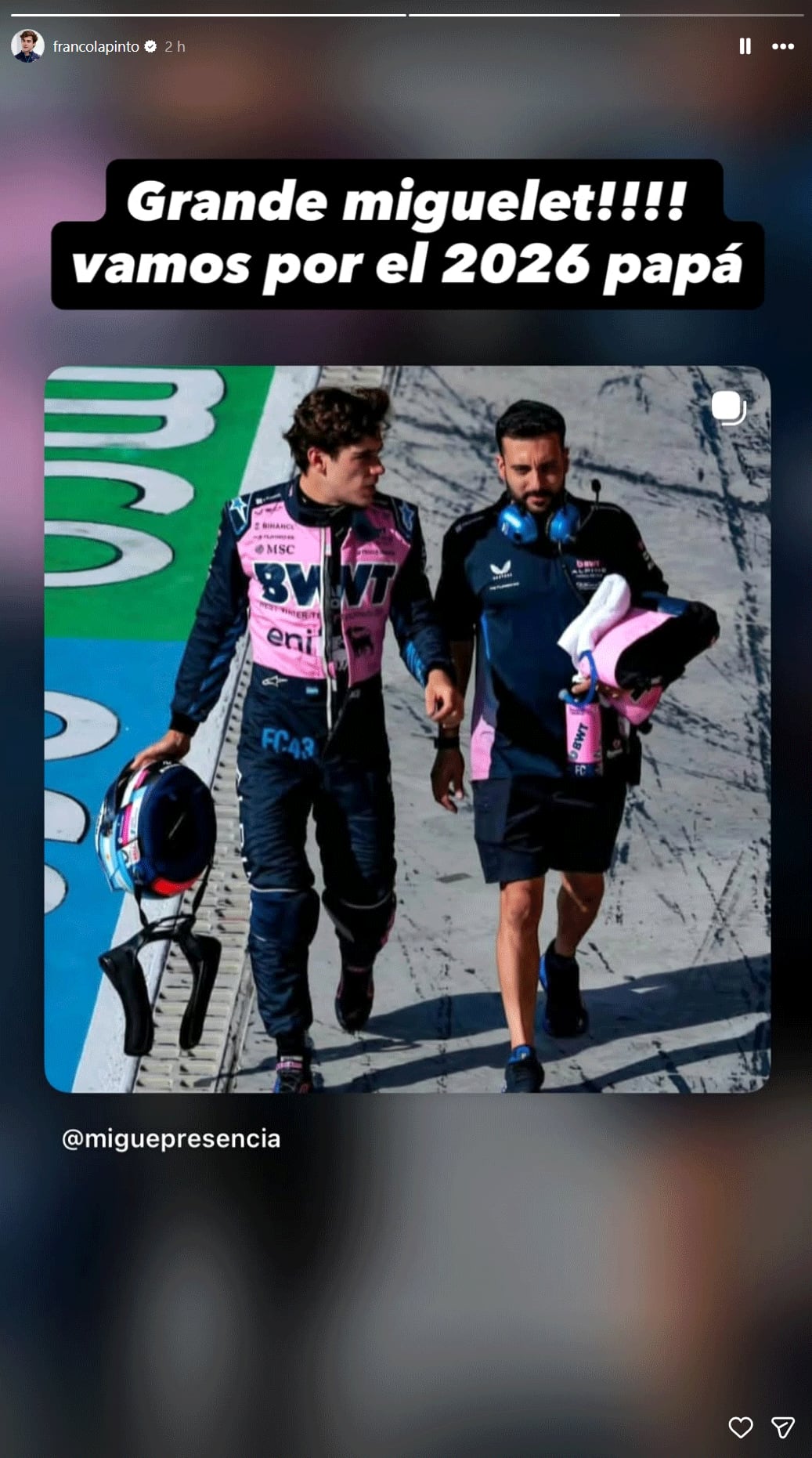 La respuesta de Colapinto a Presencia (Crédito: @francolapinto/Instagram)