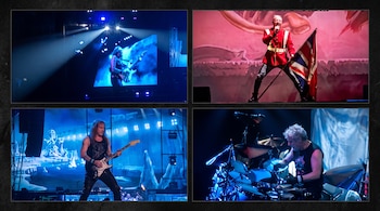 Cuatro imágenes de un concierto con un cantante vistiendo chaqueta roja y sosteniendo una bandera, un guitarrista y un baterista.