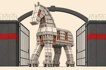 Un caballo de Troya hecho con cartones de huevo y paquetes de pañales contiene botellas de whisky ante el portón abierto de un penal.
