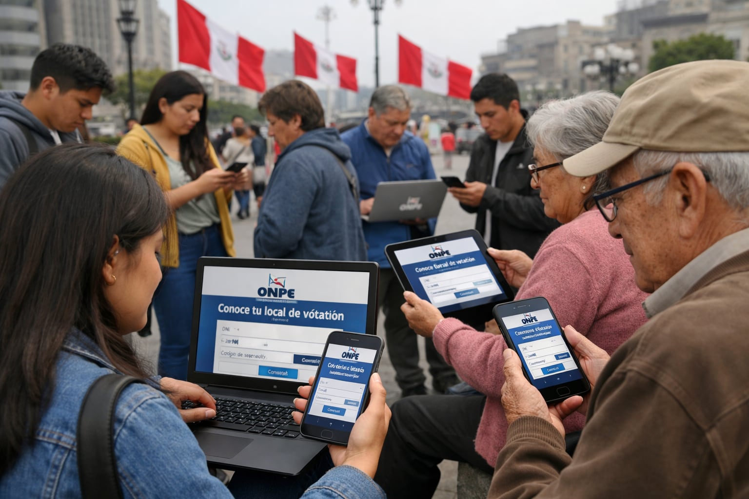Peruanos de diversas edades utilizan laptops y teléfonos móviles en un espacio público de Lima para acceder a la plataforma