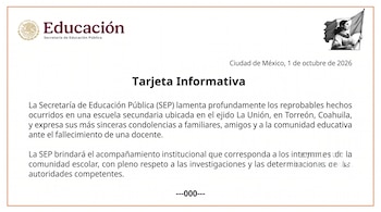 Documento oficial titulado Tarjeta Informativa emitido por la Secretaría de Educación Pública de México con texto y logotipos institucionales.