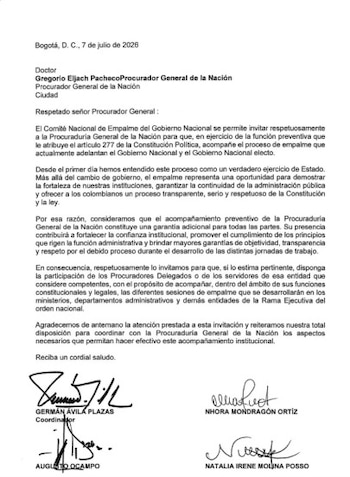 El Comité Nacional de Empalme del Gobierno Nacional invitó al procurador general Gregorio Eljach Pacheco a que la Procuraduría General de la Nación acompañe el proceso de transición entre la administración saliente de Gustavo Petro y el Gobierno electo de Abelardo de la Espriella - crédito Equipo Gobierno nacional