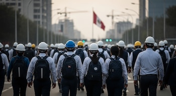 Vista trasera de una multitud diversa de trabajadores con cascos y mochilas caminando por una avenida urbana al amanecer; edificios y la bandera de Perú al fondo.
