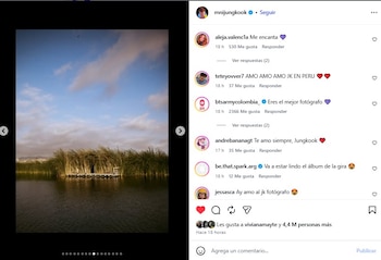 Captura de pantalla de una publicación de Instagram con la foto de un lago rodeado de juncos y una sección de comentarios a la derecha