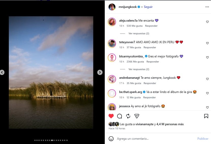Una publicación en Instagram del cantante Jung Kook difunde una fotografía del humedal Pantanos de Villa tomada durante su estancia en Lima.