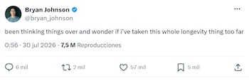 El empresario y biohacker Bryan Johnson cuestionó públicamente su propio proyecto de antienvejecimiento