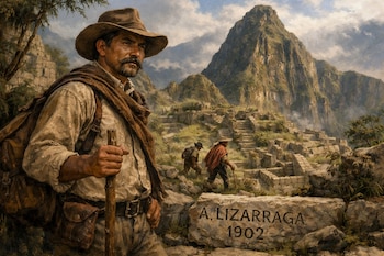 Hombre con sombrero, pañuelo y mochila, bastón en mano, junto a dos figuras, en ruinas de piedra con montañas de fondo y la inscripción "A. LIZARRAGA 1902".