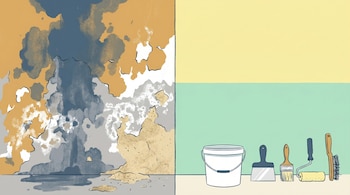 Ilustración plana de pared dividida: izquierda con daños de humedad y pintura descascarada; derecha restaurada con espátula, brocha, rodillo y balde.