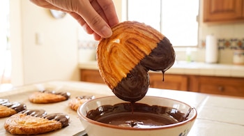 Una mano sostiene una oreja de hojaldre e introduce la parte superior en un recipiente con chocolate derretido sobre una barra.