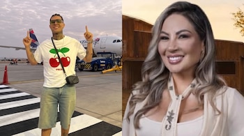 Composición de dos fotos con un hombre de camiseta blanca en la pista de un aeropuerto y una mujer sonriente en un primer plano.
