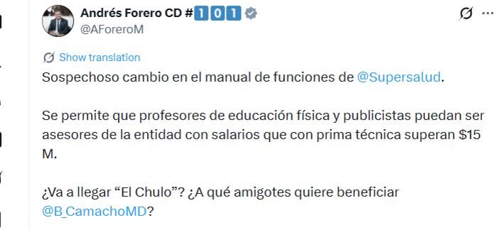Las críticas se centraron en la pertinencia de profesiones como publicidad y educación física para cargos de asesoría en la entidad - crédito @AForeroM/X
