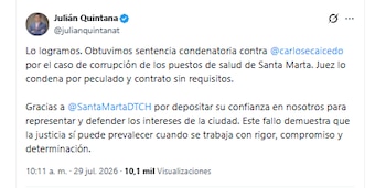 El abogado Julián Quintana celebró la condena contra Carlos Caicedo - crédito @julianquintanat/X