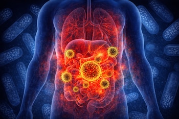 Ilustración 3D de un torso humano transparente con órganos internos rojos y múltiples estructuras esféricas amarillas brillantes en el abdomen, con píldoras azules en el fondo.