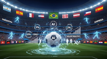Un estadio de fútbol iluminado de noche con un balón central de IA, rodeado de gráficos de datos, jugadores holográficos y banderas de varios países.