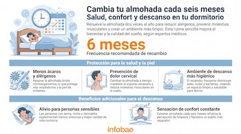 Infografía con una mujer durmiendo en una cama, reloj, calendario, iconos de ácaros y limpieza. Muestra textos sobre beneficios de cambiar la almohada cada seis meses.