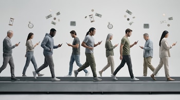 Nueve personas caminando en una cinta, mirando teléfonos móviles. Flotando hay billetes de dólar, monedas, relojes de bolsillo, relojes de arena y relojes digitales.