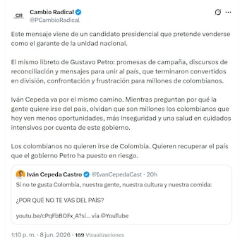 La colectividad aseguró que el candidato del Pacto Histórico representa la continuidad del proyecto político de Gustavo Petro - crédito @PCambioRadical/X