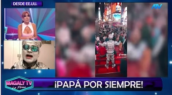 Captura de televisión con Magaly Medina en el estudio, el artista Robotín en videollamada y un video de su presentación en una calle concurrida