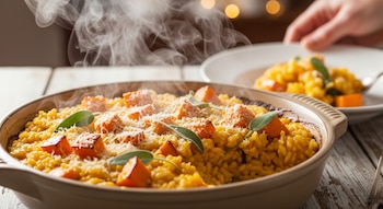 Un tazón grande de risotto de calabaza con vapor, trozos de calabaza, queso rallado y hojas de salvia sobre una mesa de madera. Una mano sirve una porción.